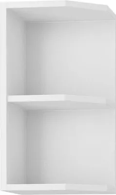 A white corner cabinet with two shelves.