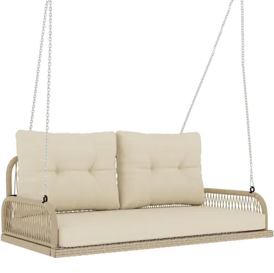 Zdjęcie produktu dla Haukała hollywoodzka z rattanu, dwuosobowa, z poduszkami | Kolor: beżowy | Wymiary: 66 x 115 x 44 cm