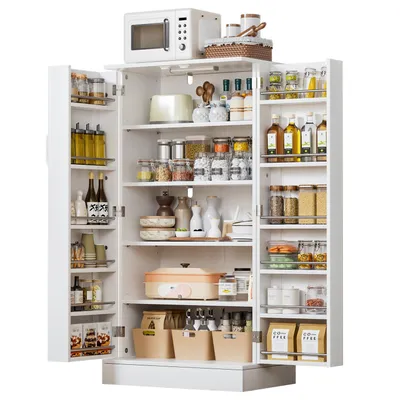 Produktbild von Yorbay Mehrzweckschrank Küchenschrank mit LED-Sensorlicht & höhenverstellbaren Regalen (118x60x38cm) Freistehender Vorratsschrank mit Doppeltüren