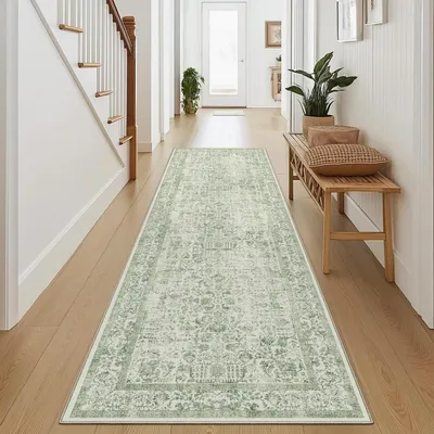 Obrázek produktu pro Koberec Läufer, zelený, vintage styl, 60x240 cm, omyvatelný, polyester, protiskluzový