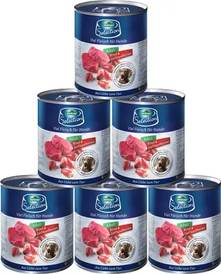 Produktbild von Dehner Premium Hundefutter, Nassfutter getreidefrei, für ausgewachsene Hunde, Rind / Geflügelherzen, 6 x 800 g Dose (4.8 kg)