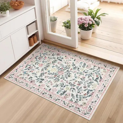 Image de Paillasson de 60 x 100 cm, lavable, antidérapant, motif floral, rose