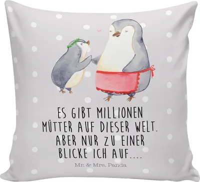 Produktbild von Mr. & Mrs. Panda Dekokissen Pinguin mit Kind - Grau Pastell - Geschenk, Kissen 40x40, für sofa, Muttertag, Deko, Sofakissen, Vorbild Mama, Familie, Mutter, kuschelkissen