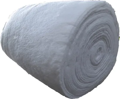 A roll of white, fluffy material, likely insulation or batting, on a white background.