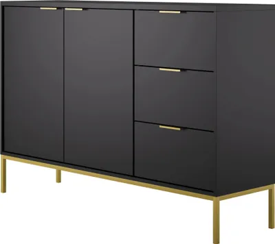 Produktbild von Kommode mit 3 Schubladen und 2 Schränken, modernes Sideboard, Stahlrahmen Schwarz und Gold