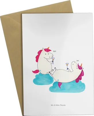 Produktbild von Mr. & Mrs. Panda Klappkarte Einhorn Sekt - Weiß - Geschenk, Unicorn, einladungskarten, Korken, hochzeitskarten, Party, osterkarten, Grußkarte, Freundin, weihnachtskarten