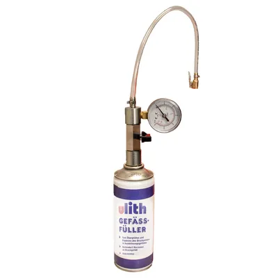 A product shot of a can with a pressure gauge and hose attachment.
