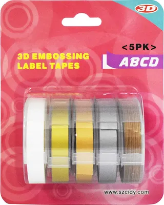 Produktbild von 5er-Pack Ersatz für Nachfüllpackungen für Etikettendrucker, 9 mm x 300 cm/Rolle, manuelles Prägeband, kompatibel mit DYMO 12813/12814/1610/1540/1535/1