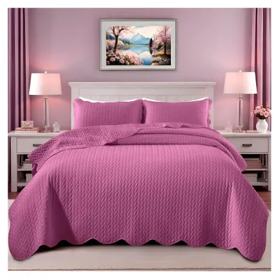 Produktbild von Queen-Bettwäsche-Set, Größe (228,6 x 243,8 cm) + 2 Kissenbezüge (50,8 x 66 cm + 5,1 cm), 3-teilig, für alle Jahreszeiten, leicht, wendbar, Mikrofaser, geprägt, Tagesdecke (lila)