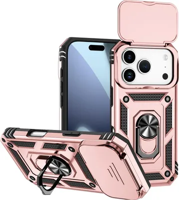 Image de Étui pour iPhone 17 Pro étui double couche avec couvercle coulissant pour appareil photo et anneau de support Or rose