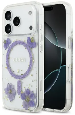 Produktbild von GUESS case passend für IPHONE 17 Pro kompatibel mit MagSafe GUHMP17LRBFGFGMU (Resin Flowers and Glitter) purple