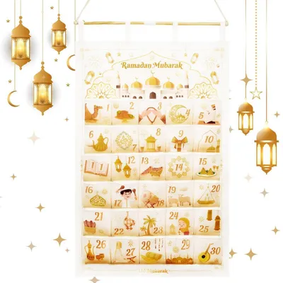 Produktbild von Ramadan Adventskalender zum Befüllen aus Stoff, 30 Taschen, Weiß, 99.5 x 61 cm
