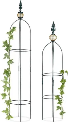 Produktbild von Famanu Rankhilfe Obelisk Set von 2 - Freistehend für Beete - Klettergerüst für Pflanzen - 99,5 cm & 80 cm hoch - Dunkelgrün