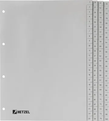 Zdjęcie produktu dla HETZEL Kunststoff-Register, Zahlen, A4, 1-100, PP, grau