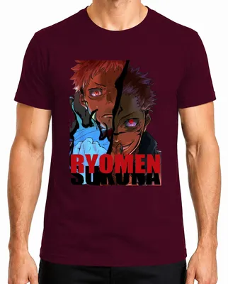 Imagen del producto de Camiseta para hombre, diseño de Ryomen Sukuna de Jujutsu Kaisen, con temática de demonio, ojos rojos, estilo anime, diseño espeluznante, color burdeos, talla S