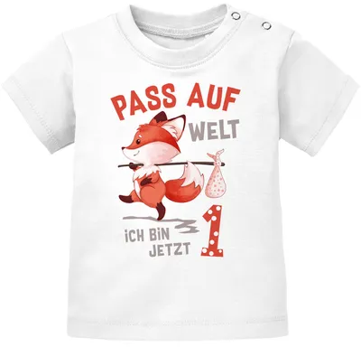 Produktbild von Baby T-Shirt 1. Geburtstag Pass auf Welt ich bin jetzt 1 Fuchs Geburtstagsshirt kurzarm Baumwolle MoonWorks® 1 weiß 92/98 (16-24-Monate)