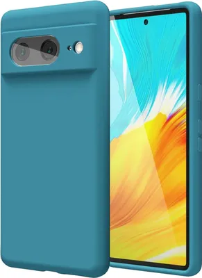 A blue phone case is shown next to a smartphone with a colorful wallpaper.