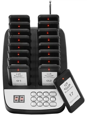 Image de Système de bipeurs sans fil pour restaurant - Kit d'appel clients - 16 bipeurs à vibration avec voyant lumineux - Portée de 500 m - Système d'appel clients pour file d'attente - Noir