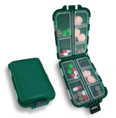 Immagine prodotto di Contenitore per pillole da viaggio, organizer a due scomparti, 10 vani, colore verde