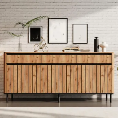 Produktbild von Sideboard, Fernsehschrank mit 3 Auszugschubladen & 3 Lamellentüren, Abgerundete Kanten, bis 30 kg belastbar, Kommode für Wohnzimmer 160x40x73cm