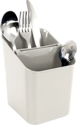 A cutlery holder filled with silverware, photographed against a white background.
