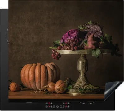 Produktbild von KitchenYeah© Herdabdeckplatte Stilleben - Malerei - Weintrauben - Kürbis - Obst , 59x51cm, Küche Deko, Glaskeramikkochfeld Herdabdeckung, Abdeckplatte fùr Kochfeld