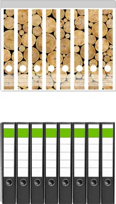 Produktbild von Wallario 8 Stück schmale Ordner inkl. Klebeetiketten mit Motive Holzstapel rund -  Set mit Rückenschildern / Ordnerrücken Stickern