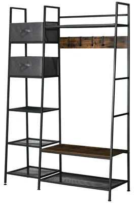 Produktbild von Garderobenst?nder/Aufbewahrungseinheit fš¹r den Flur, 6 Ablagen, 4 Haken, 2 Stoffschubladen, 125 x 43 x 185,5 cm, aus Stahl und Holz