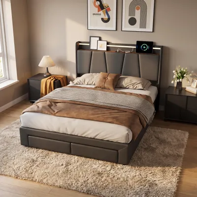 Produktbild von INONEFT Polsterbett 140x200 cm mit Stauraum, Jugendbett mit Ladefunktion (USB & Type-C), Boxspringbett mit LED und Lattenrost, Leinen, Grau