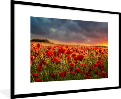 Produktbild von MuchoWow® Gerahmtes Poster Sonnenuntergang über einem Feld von Mohnblumen 90x60 cm - Poster mit Schwarzem Bilderrahmen Wandposter Rahmen Foto Bilder - Wanddekoration - Fotos