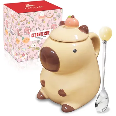 Capybara-Tasse mit Deckel, 500 ml, Keramik, Gelb, lustiges Geschenk