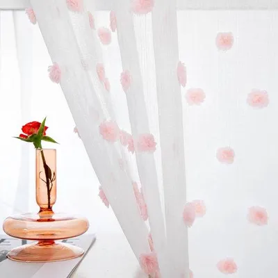Obrázek produktu pro Ibenzoa® Sada 2 poloprůhledných závěsů, rozměry 140 x 245 cm, bílé barvy s barevnými bambulkovými aplikacemi, závěsy s oky vhodné do obývacího pokoje a ložnice