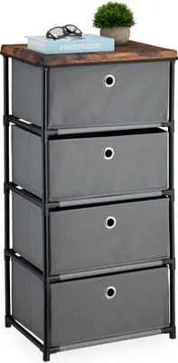 Immagine prodotto di Comodino Relaxdays, 4 cassetti in tessuto, metallo, effetto legno, 85 x 43 x 33 cm, soggiorno, ingresso, comodino, grigio/marrone
