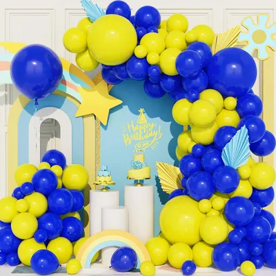 Immagine prodotto di Set di archi per palloncini, composto da 111 pezzi, nei colori blu e giallo, palloncini in lattice per feste per bambini
