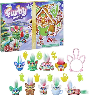 A Furby Minis Advent Calendar box with a gingerbread house design, showing several small Furby figures and accessories.