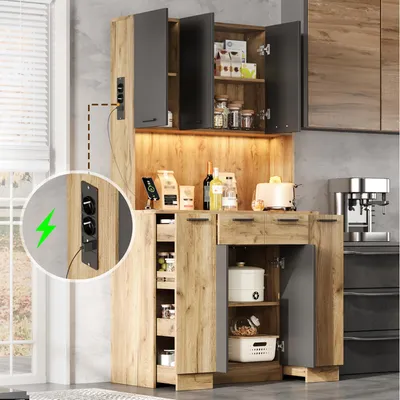 Immagine prodotto di Mobiletto alto MODFU da 180 cm con illuminazione a LED e presa di corrente, mobile da cucina con 4 cassetti e piano di lavoro, mobile multifunzione, credenza con ripiani regolabili, colore: nero e naturale