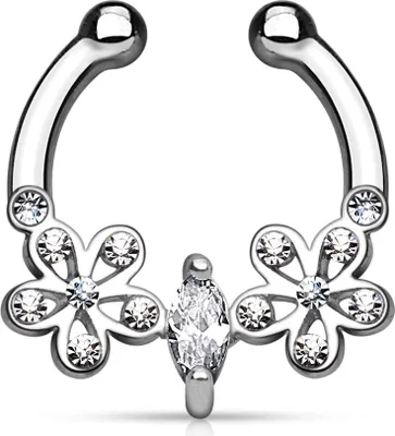 Produktbild von Nasenpiercing Nasenring Fake Piercing Septum Helix Zirkonia Kristalle Blume silber-klar