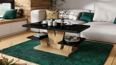 Produktbild von Design Couchtisch Viva Wohnzimmertisch mit Ablage, Schwarz Hochglanz - Eiche Gold craft