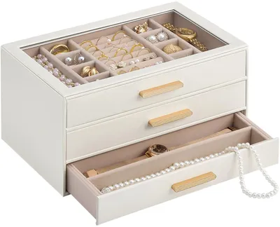 Immagine prodotto di Portagioie portagioielli scatola per gioielli - 3 scomparti - 28 x 11 x 13 cm - Coperchio in vetro - Beige