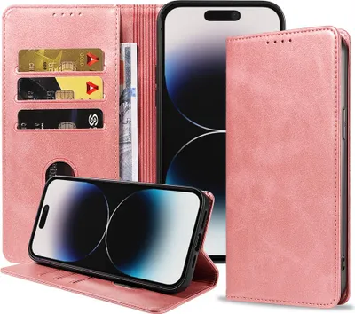 Produktbild von Smartphonica iPhone 14 Pro  Kunstledertasche mit Magnetverschluss und Kartenhaltern Buchhülle - Rosa