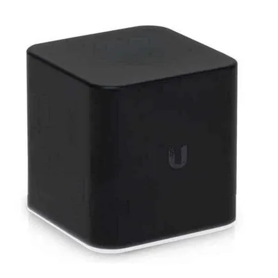A black cube-shaped Ubiquiti Networks airCube router is shown against a white background.