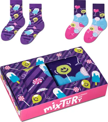 Produktbild von 2er-Set rosa und lila Socken für Kinder 30-35, lustige Socken mit Bonbons