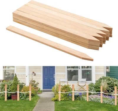 Wooden stakes are shown stacked and one is laid out separately in the top portion of the image. The bottom portion shows a pathway leading to a house, with the stakes used to create a low fence along the sides of the pathway.