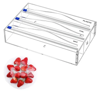 Image de Support pour film alimentaire avec coupe-film - Distributeur de film alimentaire - Organisateur de cuisine - Acrylique transparent - 33,5 x 22 x 7,5 cm - Durable et étanche - Organisateur de cuisine