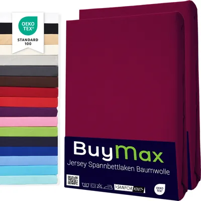 Produktbild von Buymax Spannbettlaken 90x200cm Doppelpack 100% Baumwolle Spannbetttuch Bettlaken Jersey, Matratzenhöhe bis 25 cm, Farbe Bordeaux