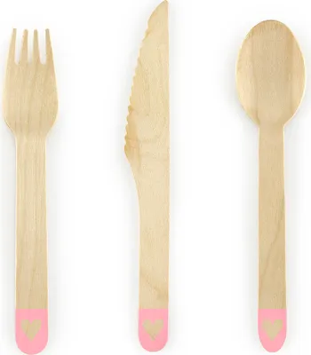 Immagine prodotto di Set di posate in legno con cuori 18 pezzi per 6 persone 16cm rosa