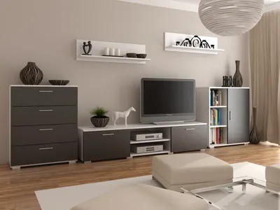 Produktbild von Wohnwand Szopen Per La Vita, Modern Schrankwand, Wohnzimmerschrank mit Fernsehtisch, Kommode, Sideboard und Wandregal, Weiß/Schwarz