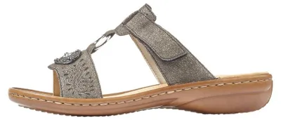 Productafbeelding van Rieker dames klompen slipper met applicatie, delicate details, glanzende ring, model 608K1, maat: 41 EU, kleur: grijs