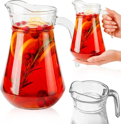 Zdjęcie produktu dla Dzbanek na napoje z uchem 1 L Karafka na zimne napoje, wodę, soki, lemoniadę, nalewki - do serwowania napojów - Wykonany z grubego, przejrzystego szkła odpornego na uszkodzenia