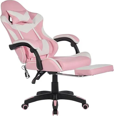 Obrázek produktu pro Ergonomická herní židle s masážní funkcí a opěrkou nohou – kancelářská židle s nastavitelnou výškou, opěrkou hlavy a bederní páteře, otočná o 360°, nosnost 150 kg, barva růžová/bílá